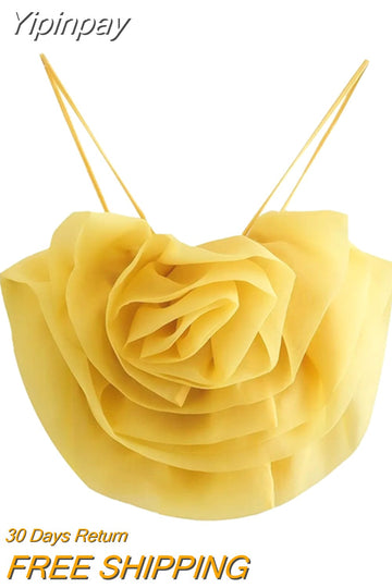 Yipinpay Yellow Knit Crop Top Women Organza Maxi Floral Tank Top Female Sexy Summer Tops Aesthetic Sleeveless Streetwear Y2k Tops